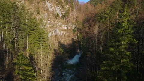Aerial view of Rindbachfall waterfall in alpine forest near Ebensee, Austria Vídeos de archivo 333208645