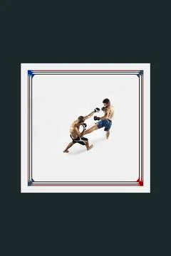 Aerial view on ring with two competitive men, boxers in motion, fighting. Combat Stock Photos
