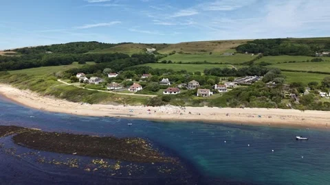 Aerial View of Ringstead Bay Along the Jurassic Coast in Dorset, England Stock Footage 336259611