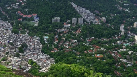 Aerial View Rio Hillside Favela and Lush Green Forest City Landscape Stockbeeldmateriaal 334871732