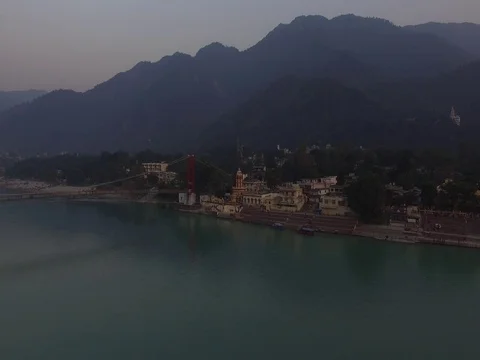 Aerial view of Rishikesh at sunset Video stock 73779892