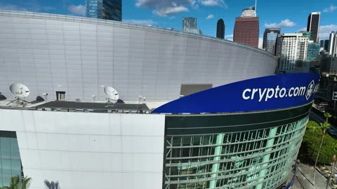 Aerial view rising over the Crypto.com arena, sunny day in Los Angeles, USA Stock Footage 322509234