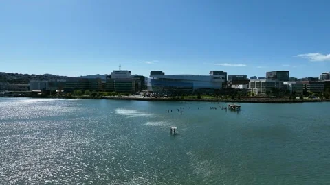 Aerial view rising toward the Chase center, sunny day in San Francisco, USA Stock Footage 307376989