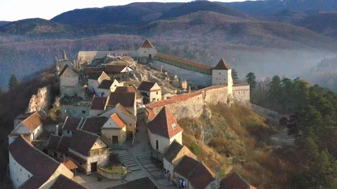 Aerial view of Risnov castle fortress old walls ruins. Romania. drone 4k video Stock Footage 126477805