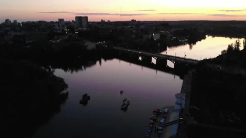 Aerial View Of The River And The Bridge In The Big City In The Evening Stock Footage 195237069
