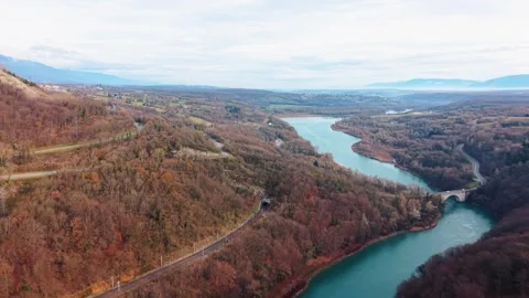 Aerial view of the river and bridge near leaz, France. Stock Footage 322590700