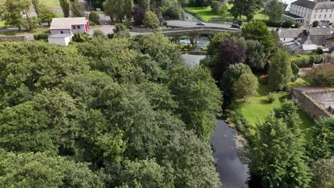 Aerial view of river and bridge in Durrow County Laois Stock Footage 333414987