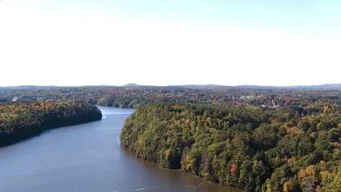 Aerial View of River and Changing Leaves Stock Footage 97250594