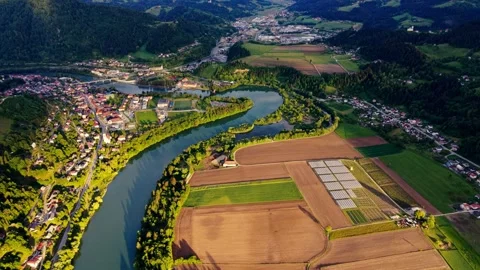 Aerial view of river and fields Stockbeeldmateriaal 335210878