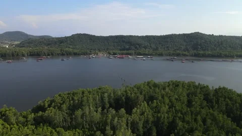 Aerial view of River and floating house during MCO in Kedah Stock Footage 152596622