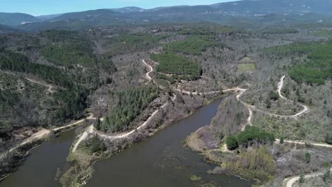 An aerial view of a river and forest Stock Footage 328615611