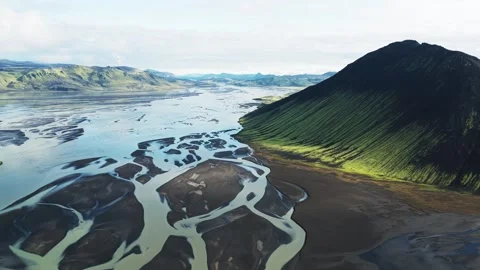Aerial view of river and mountain, Iceland. Stock Footage 317539017