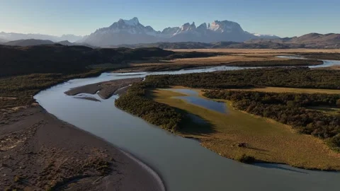Aerial view of river and mountains, Torres del Paine, Chile. Stock Footage 331351048