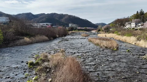 Aerial View of River and Mountains in Rural Japan Stock Footage 335690403