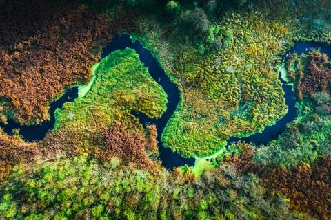 Aerial view of river and swamps in autumn, Europe Stock Photos