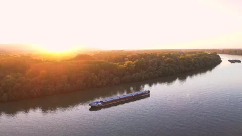Aerial View of River Barge and Tugboat on Danube - Cargo Transport at Sunset Stock Footage 330495953