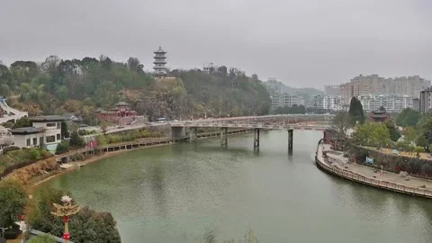 Aerial view of river bridge and modern city in Sichuan. Video stock 328778786