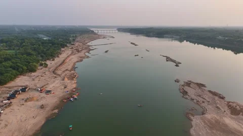 Aerial View of River with Bridge Crossing Stock Footage 340621140