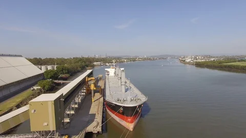 Aerial View River Brisbane Cargo Ship Loading Harbour Australia Stock Footage 102606924