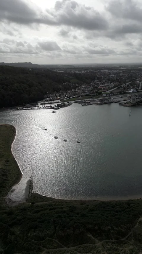 Aerial view the river. Cabourg Beach. Vertical video for social network Video stock 266320064