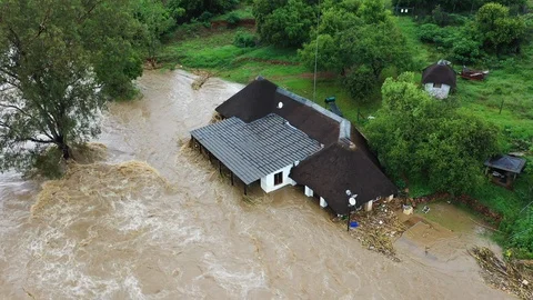 Aerial view of a river coming down in flood,heavy rains,climate change Video stock 123072175