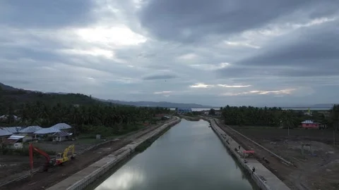 Aerial view of river construction project in Gorontalo Stock Footage 250505022