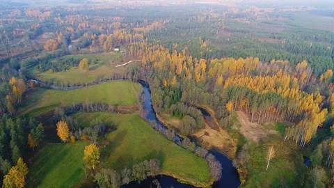 Aerial view of river crossing forest during Autumn, Estonia. Stock Footage 101571365