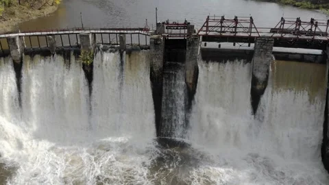 Aerial view of the river dam, boiling water Stock Footage 141112952