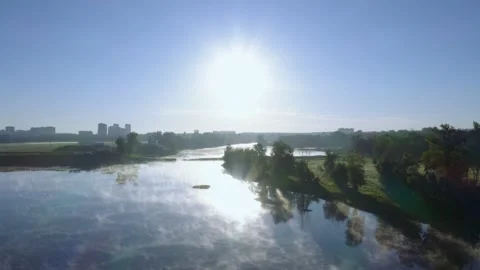 Aerial view of the river at dawn. Stockbeeldmateriaal 141674902