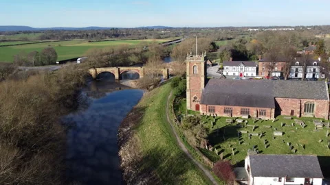 Aerial view of the River Dee at Bangor-is-y-Coed, Wales, 4K Video stock 234797152