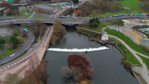 Aerial view of the River Derwent and traffic, United Kingdom. Stock Footage 325715475