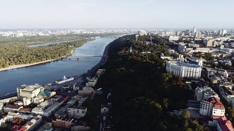 Aerial view of river Dnipro and buildings in Kiev, Ukraine. 4k Drone shoot Stock Footage 81799145