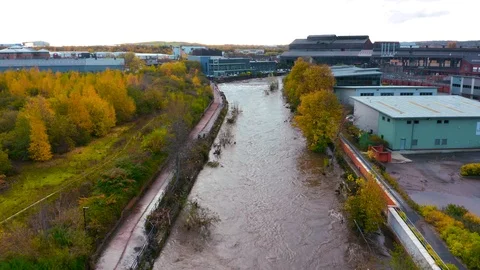 Aerial view of River Don flood damage after heavy rain in Sheffield, Yorkshire Stock Footage 119445982