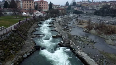 Aerial view river Dora. Artificial stream for kayaking training Video 4K Video stock 212285681