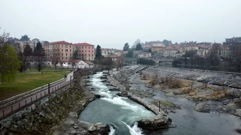 Aerial view river Dora. stream for kayaking training. Video stock 172024216