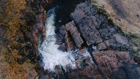 Aerial view of river Etive &amp; rapid falls near Glencoe &amp; Glen Etive, Scotland, UK Stock Footage 86490966