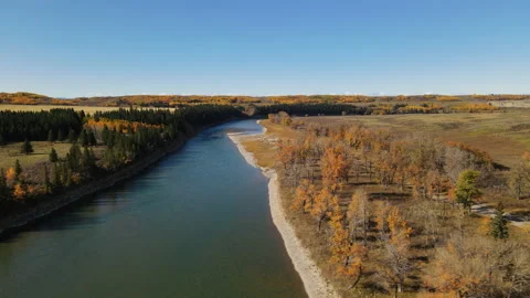 Aerial view of River, Field and mountains in Fall in Provincial park Stock Footage 162355690