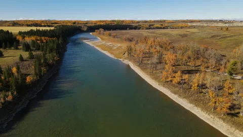 Aerial view of River, Field and mountains in Fall in Provincial park Stock Footage 162356797