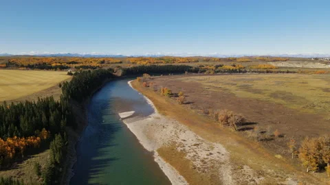 Aerial view of River, Field and mountains in Fall in Provincial park Stock Footage 162357014