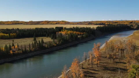 Aerial view of River, Field and mountains in Fall in Provincial park Stock Footage 162359707