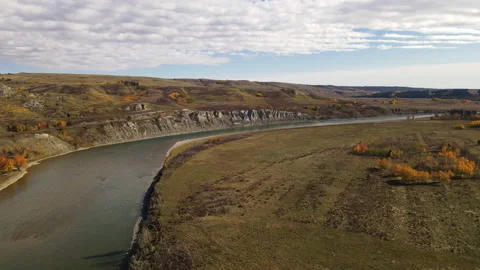 Aerial view of River, Field and mountains in Fall in Provincial park Stock Footage 162361517