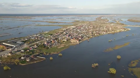Aerial view of the river flood and the city Stock Footage 190992284