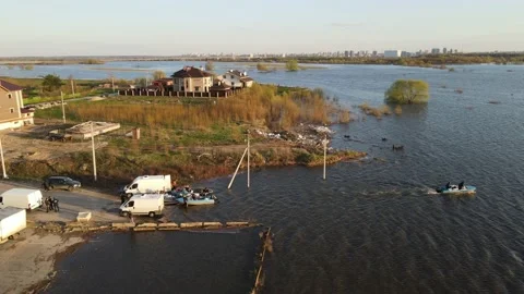 Aerial view of the river flood and the city Stock Footage 190995820