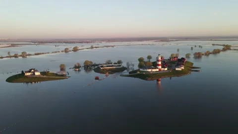 Aerial view of the river flood, lighthouse Stock Footage 191002200