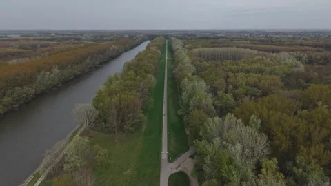 Aerial view of a river flowing alongside a long straight pathway cutting 스톡 동영상 333647020