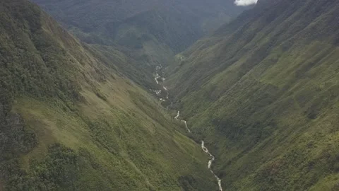 AERIAL VIEW OF RIVER FLOWING ON REMOTE DISTRICT OF BALIEM VALLEY, PAPUA Video stock 135259987