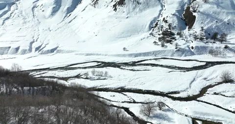 Aerial view of the the river flowing in the snowy mountains Stock-Footage 170337472