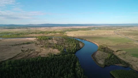 Aerial view of a river flowing through rural area with meadows, rare trees and Video stock 185268034