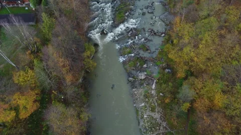 Aerial view of a river flowing through a forest in autumn. Video stock 254742907