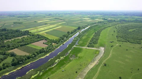 Aerial view of river flowing through green countryside with agricultural fields Video stock 263137454